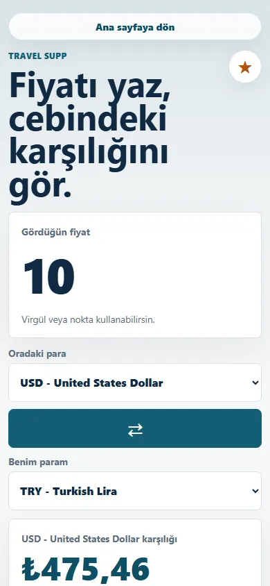 Travel Supp para birimi dönüşümü ekranı
